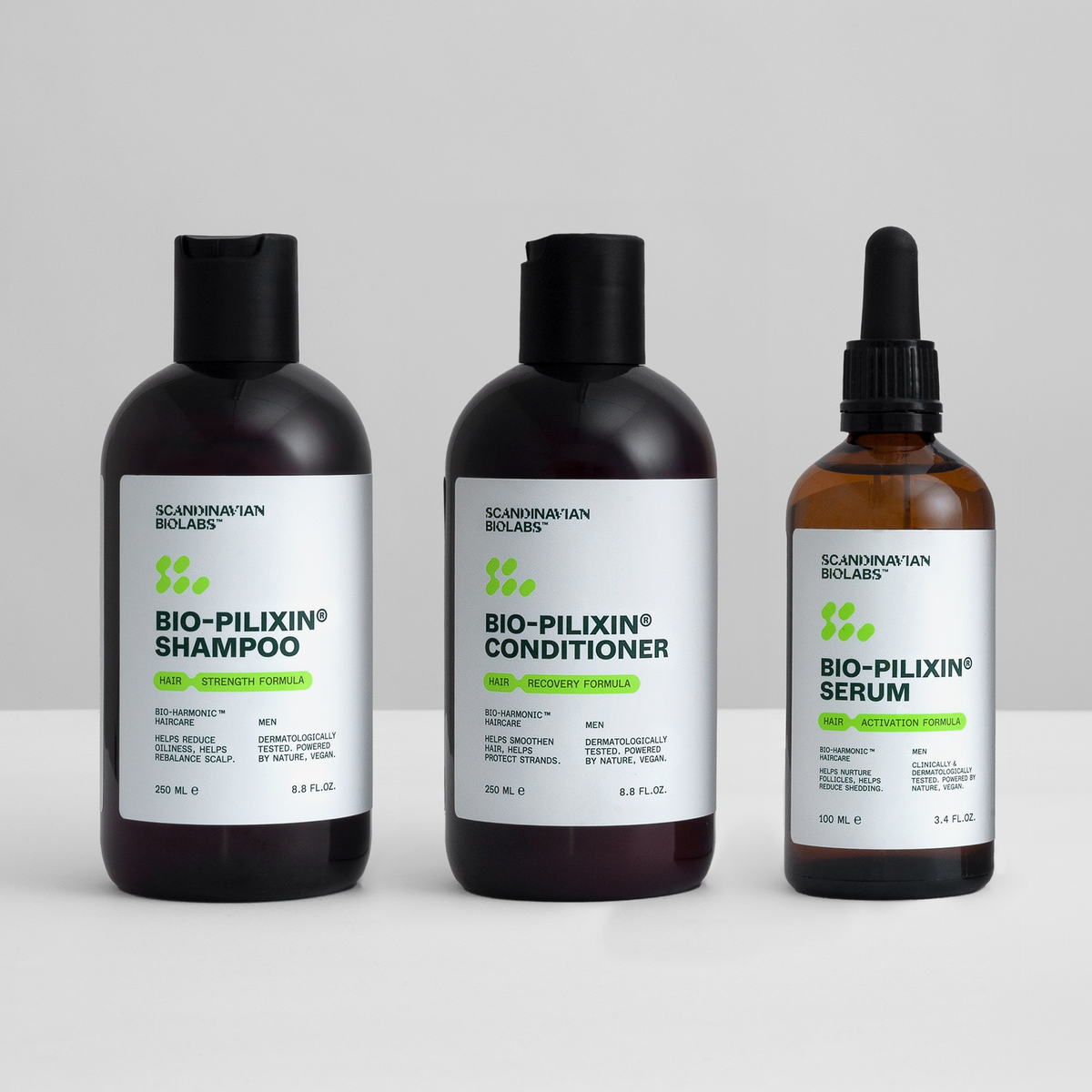 Scandinavian Biolabs Bio-Pilixin® Hair Activation Routine - Men: drei Produkte nebeneinander auf einer grauen Fläche.