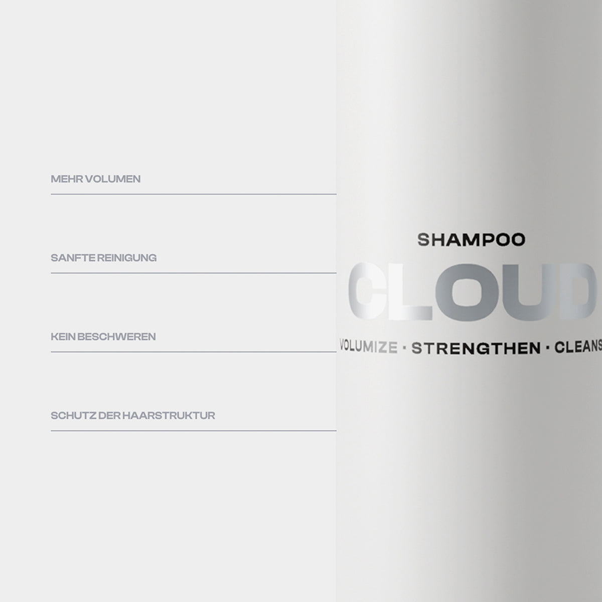 Minimalistische SHYNE Cloud Shampoo-Flasche mit CLOUD-Etikett und deutschem Text mit Produktvorteilen auf der linken Seite.