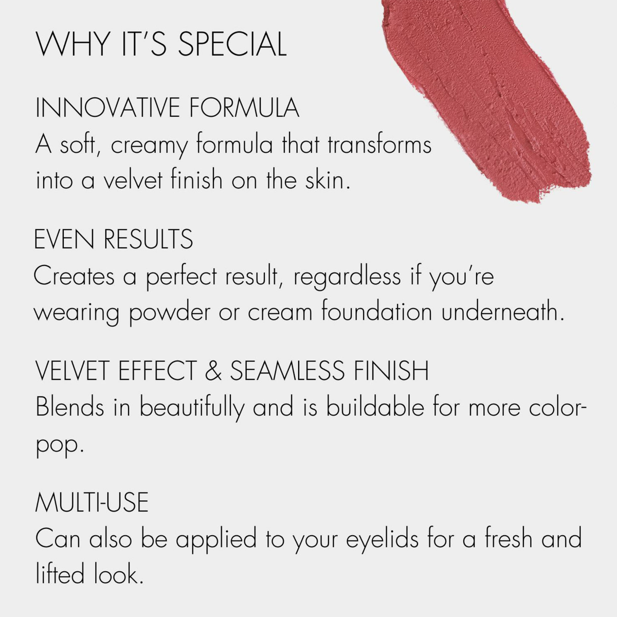 Entdecken Sie „Air Blush Cream“ von SWEED: Sehen Sie sich das mauve-rosa Farbmuster (oben rechts) auf hellgrauem Hintergrund an, zusammen mit den aufgeführten Vorteilen des Make-ups.