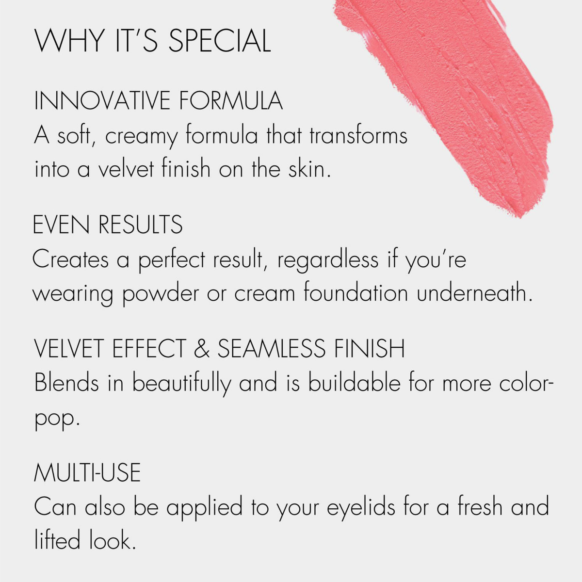 Die „Air Blush Cream“ von SWEED, die oben rechts mit einem rosa Farbstreifen abgebildet ist, unterstreicht die Vorzüge dieses Make-ups.