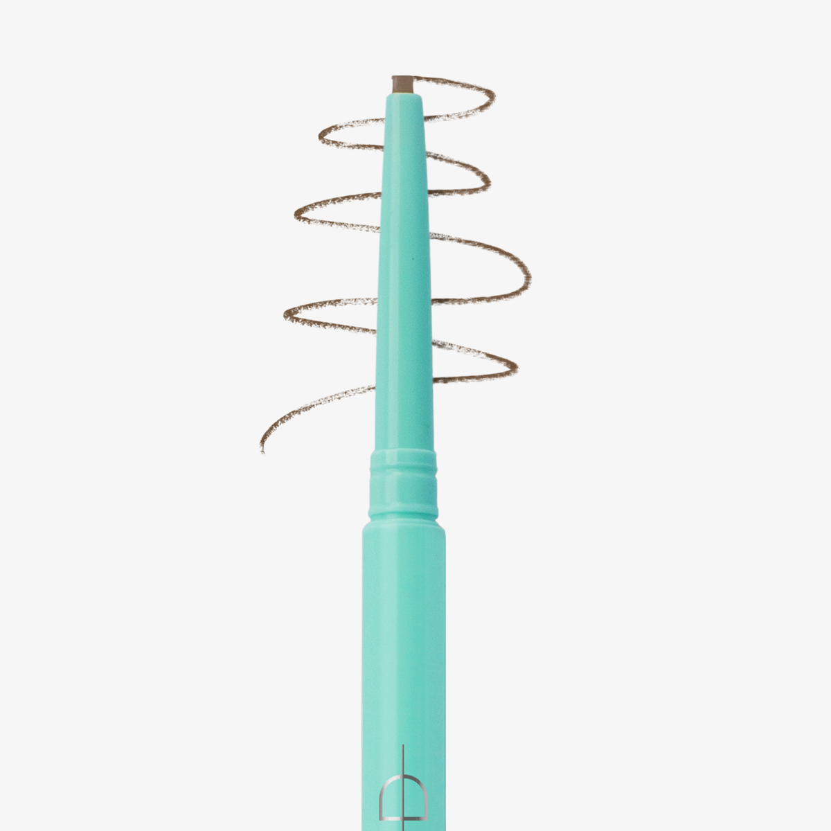 Ein SWEED-Augenbrauenstift in der Farbe „Teal“ mit brauner Spitze zeichnet eine spiralförmige Linie auf weißem Hintergrund.