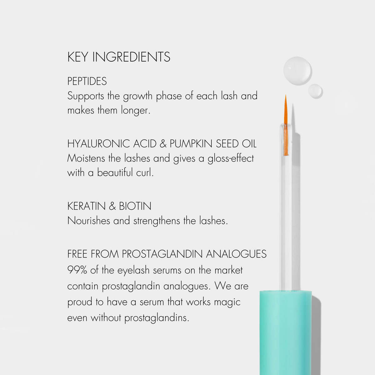 Eine türkisfarbene Tube des SWEED Wimpernwachstumsserums mit Applikator, daneben ein Text, der die wichtigsten wimpernfördernden Inhaltsstoffe und Vorteile hervorhebt.