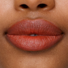 Eine Nahaufnahme von Lippen, auf denen der Lippenstift „SWEED Le Lipstick“ in einem rötlich-braunen Farbton aufgetragen ist; die Haut wirkt glatt, und zwischen den Vorderzähnen ist ein kleiner Spalt zu sehen.