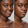 Nebeneinander angeordnete Nahaufnahmen mit „Vorher“ und „Nachher“; im „Nachher“-Bild wirkt die Haut durch die Verwendung von SWEED Miracle Powder Mini glatter.
