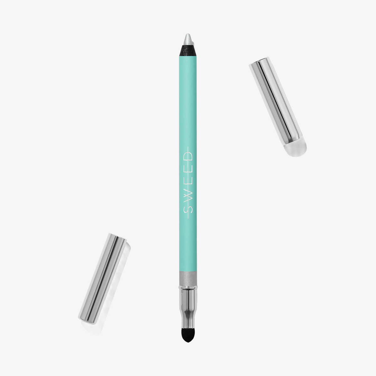 Der SWEED Satin Eyeliner in Türkis wird ohne Kappe auf weißem Hintergrund gezeigt, sodass sowohl die Stift- als auch die Verwischspitze zu sehen sind.