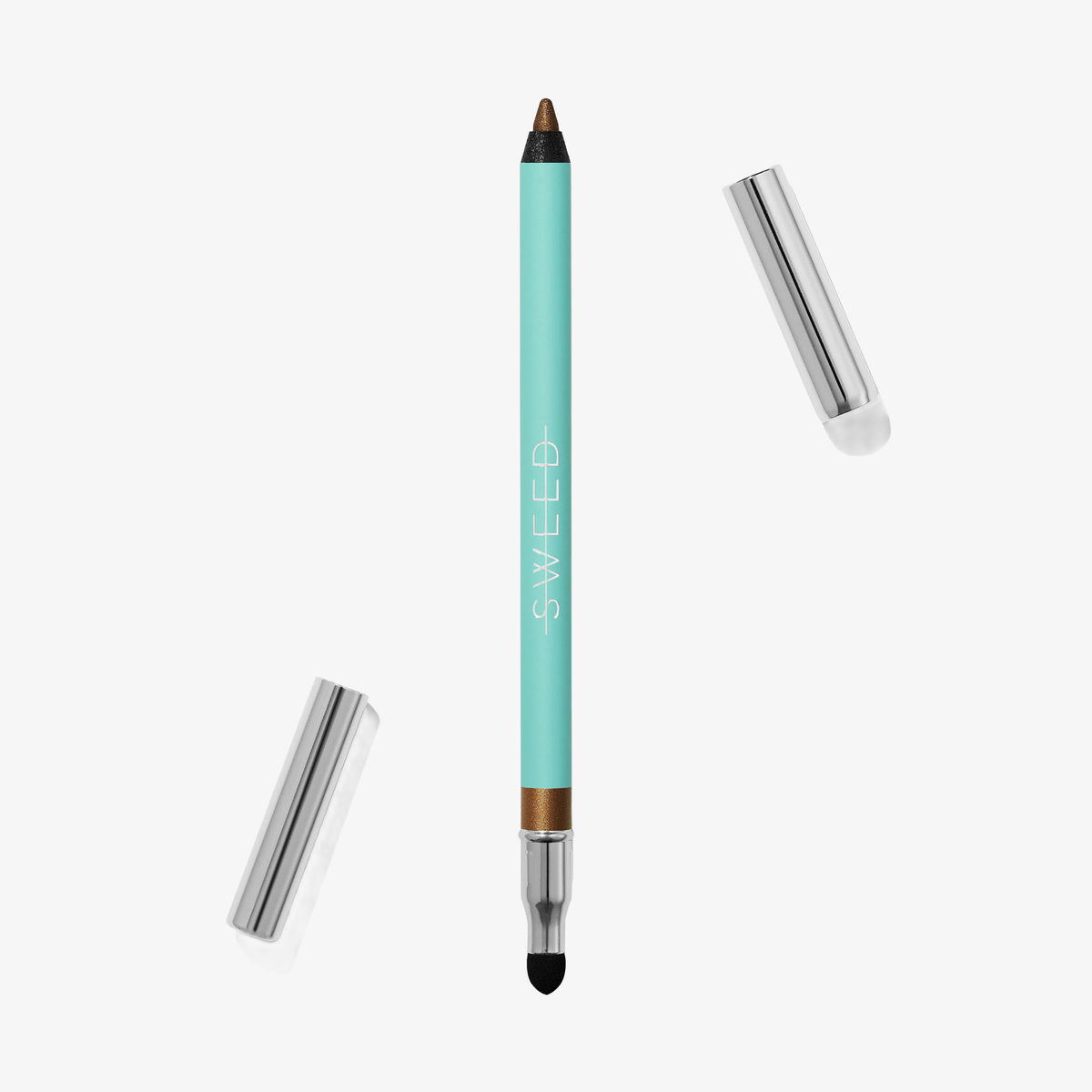 SWEED Satin Eyeliner: türkisfarbener Stift mit silbernen Kappen und einer Verwischspitze an einem Ende.