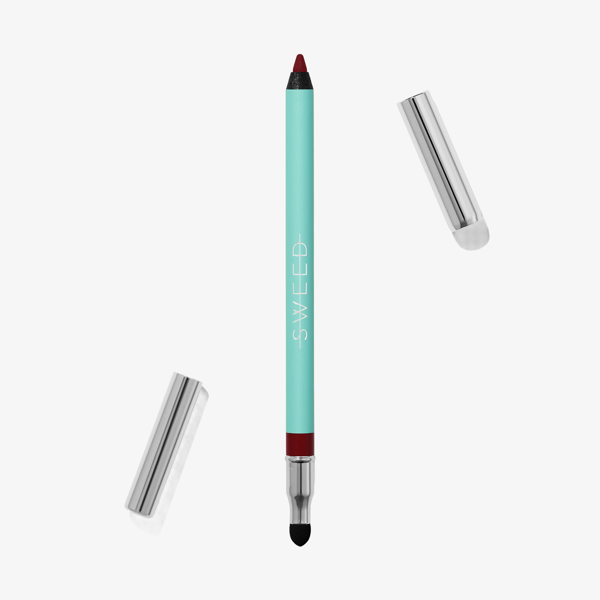 Ein türkisfarbener SWEED Satin Eyeliner mit zwei Spitzen, roter Spitze, Verwischstift und zwei silbernen Kappen auf weißem Hintergrund.