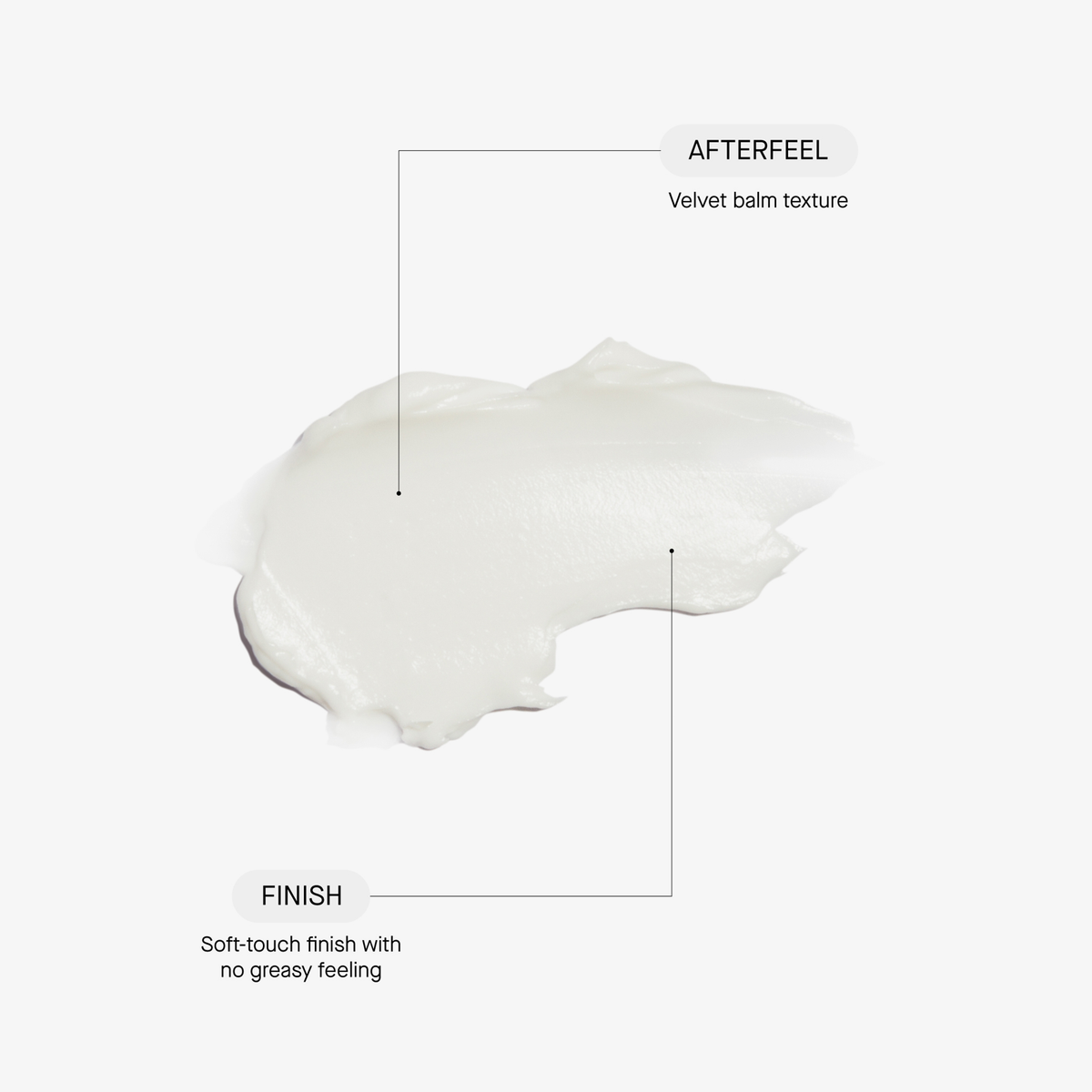 White Cleansing Balm Abstrich mit Etiketten: AFTERFEEL Samtige Balsam-Textur und FINISH Soft-Touch, nicht fettend. Transparentes Labor.