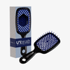Schwarz-blaue Detangling-Haarbürste von UNbrush mit wabenförmigen Borsten in Markenverpackung.