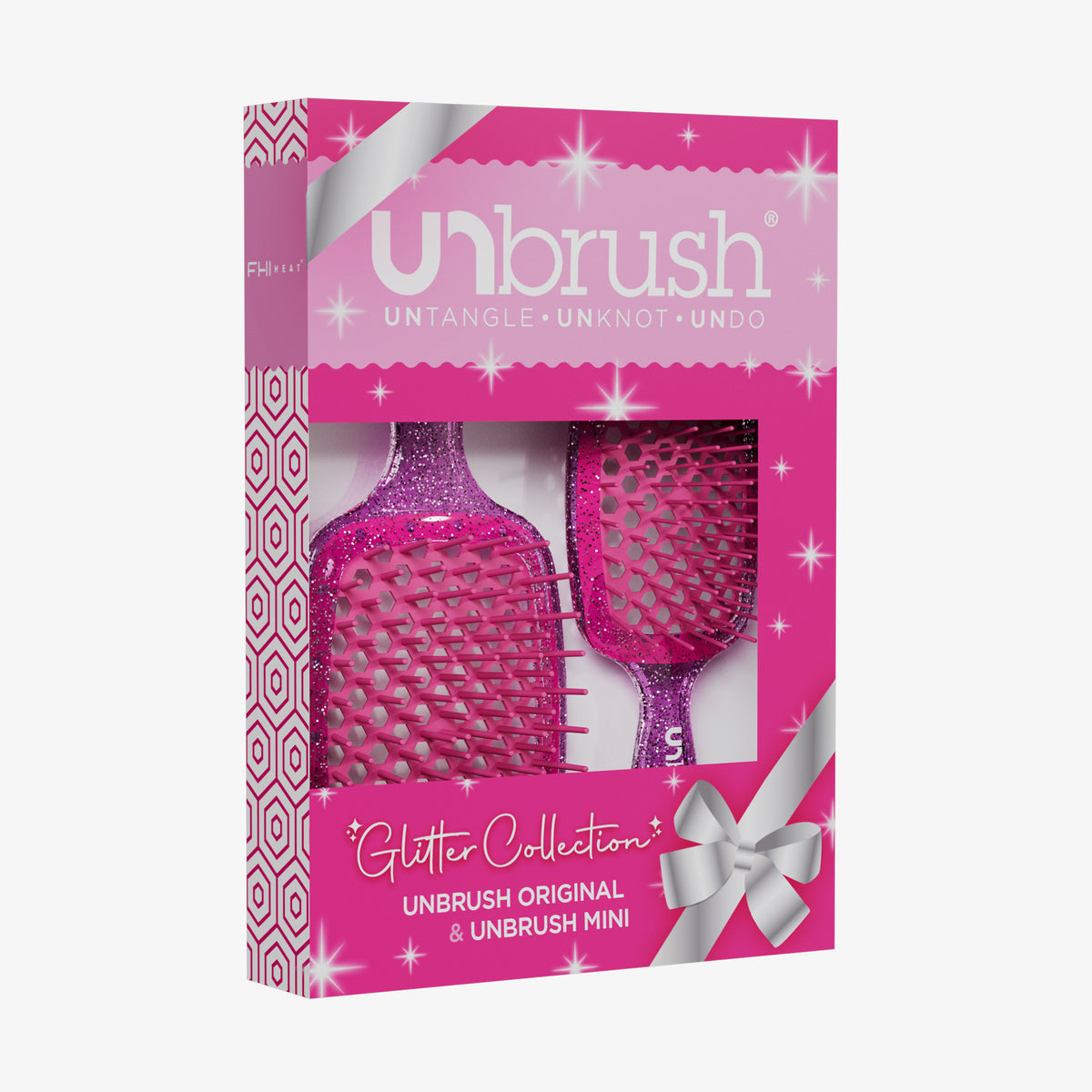 Das UNbrush Glitter Duo Set Rose Quartz Pink besteht aus zwei glitzernden Haarbürsten in einer rosafarbenen Geschenkbox mit silberner aufgedruckter 
Schleife.