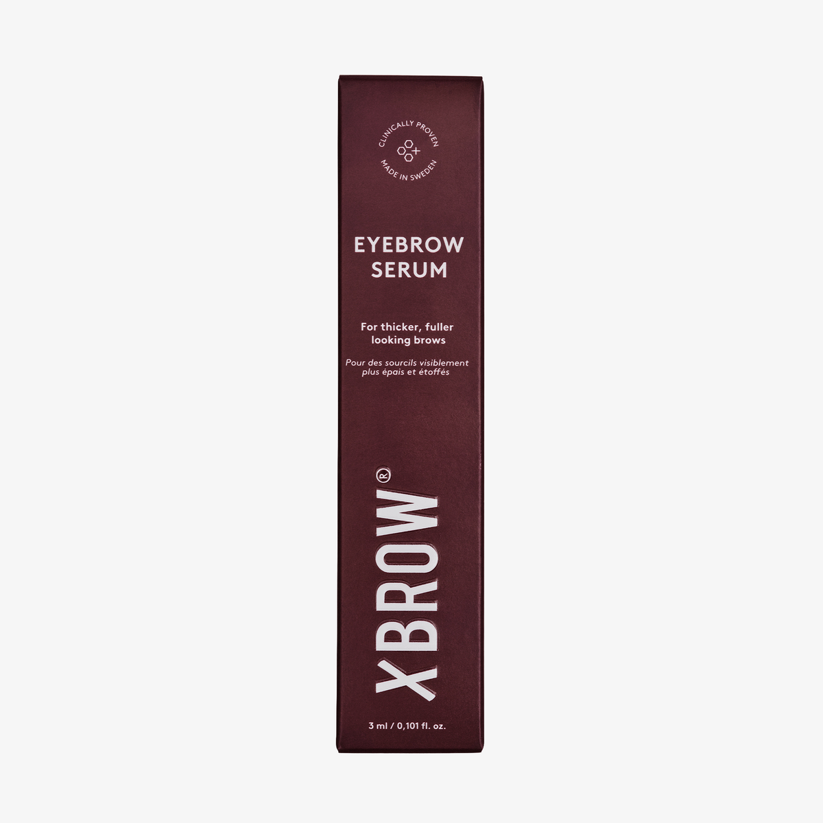 XLASH Xbrow Augenbrauenserum-Verpackung mit einem Schriftzug, der auf weißem Hintergrund auf dichtere, vollere Augenbrauen hinweist.