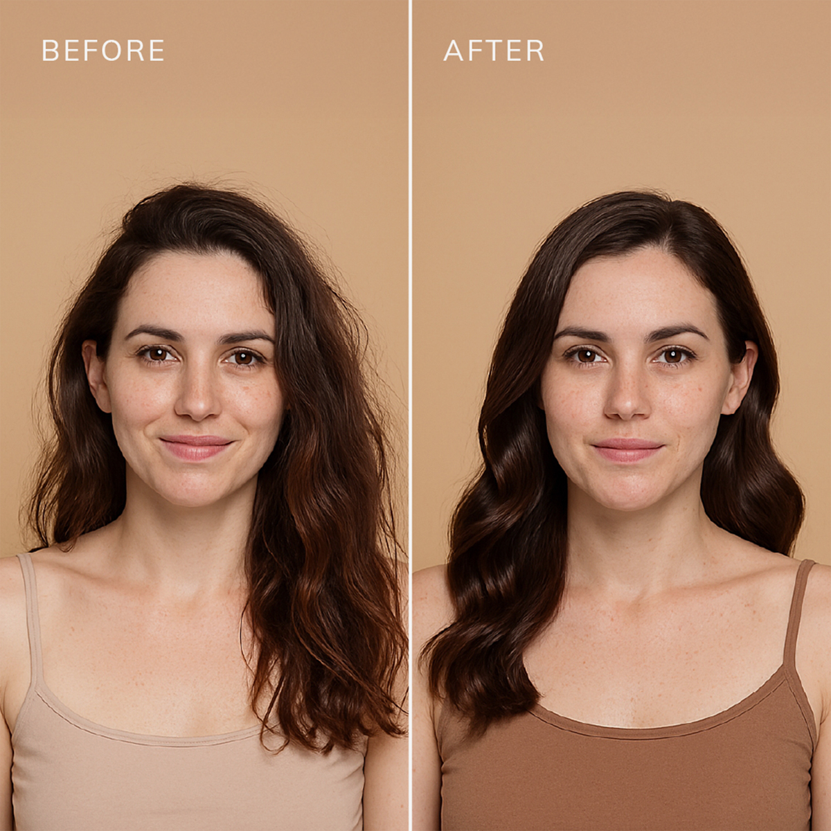 Geteilte Abbildung: Links sind natürliche Wellen zu sehen, rechts glatteres Haar nach der Anwendung von „Abyssian Glow Repair Hair Glaze“. In beiden Fällen neutraler Gesichtsausdruck.