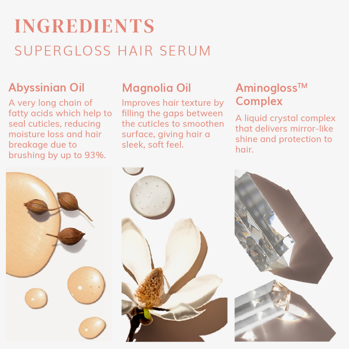 In drei Abschnitten werden das Abessinieröl, das Magnolienöl und der Flüssigkristallkomplex des Supergloss Hair Serums anhand von Texten und Bildern vorgestellt.