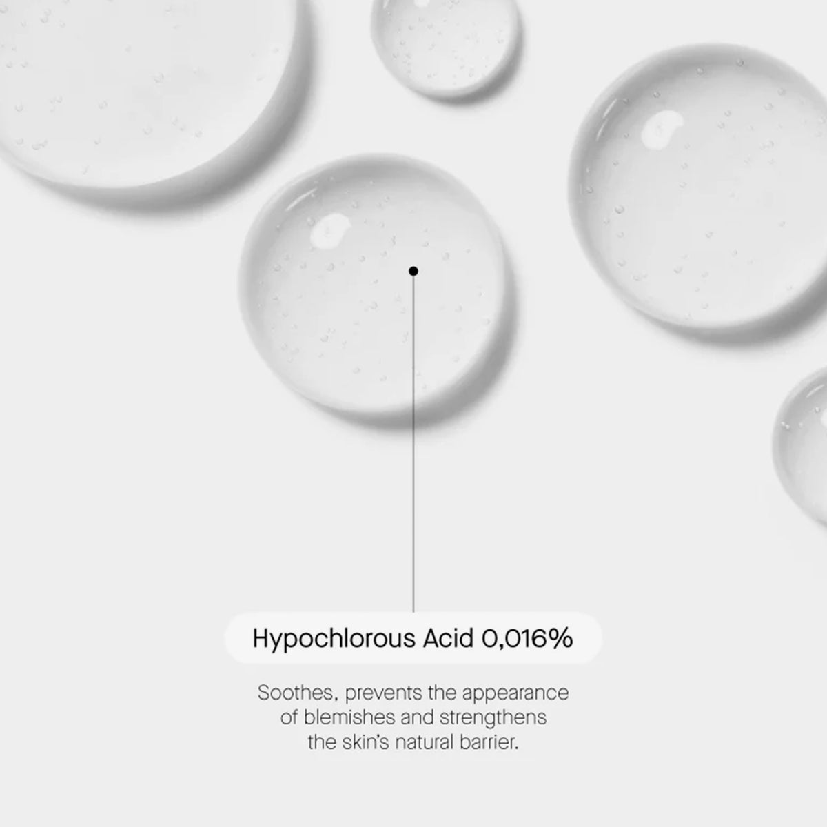 Klare Geltröpfchen auf weißem Hintergrund heben Zitaid hervor und enthalten einen Text über die Vorteile von Hypochlorsäure für die Haut.