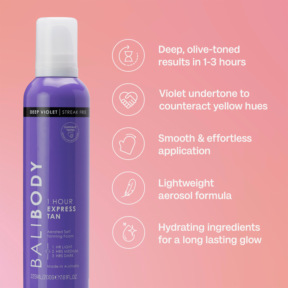 Eine Flasche Bali Body Violet 1 Hour Express Tan mit einer Auflistung der wichtigsten Vorteile auf einem rosa Hintergrund mit Farbverlauf.