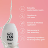 Bali Body Face Tan Milk Drops Flasche mit Flüssigkeit, rosa Hintergrund und einer Auflistung der Vorteile in weißer Schrift auf der rechten Seite.