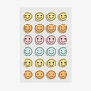 Ein Bogen mit vierundzwanzig Mood Dots-Aufklebern mit verschiedenen Smileys in Gelb, Orange, Rosa und Hellblau.