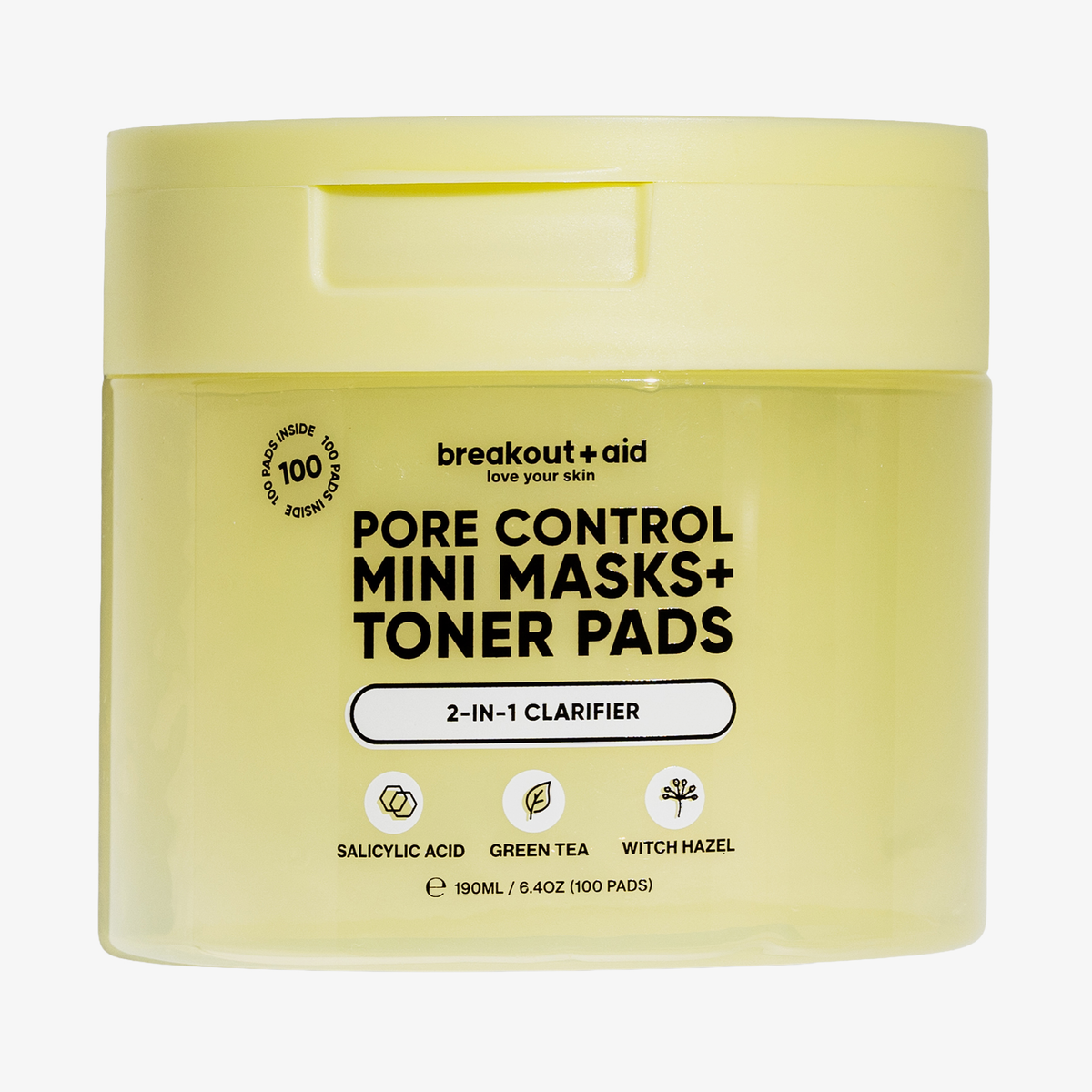 Ein gelbes Glas mit breakout+aid-Mini-Masken zur Porenpflege und Toner-Pads.