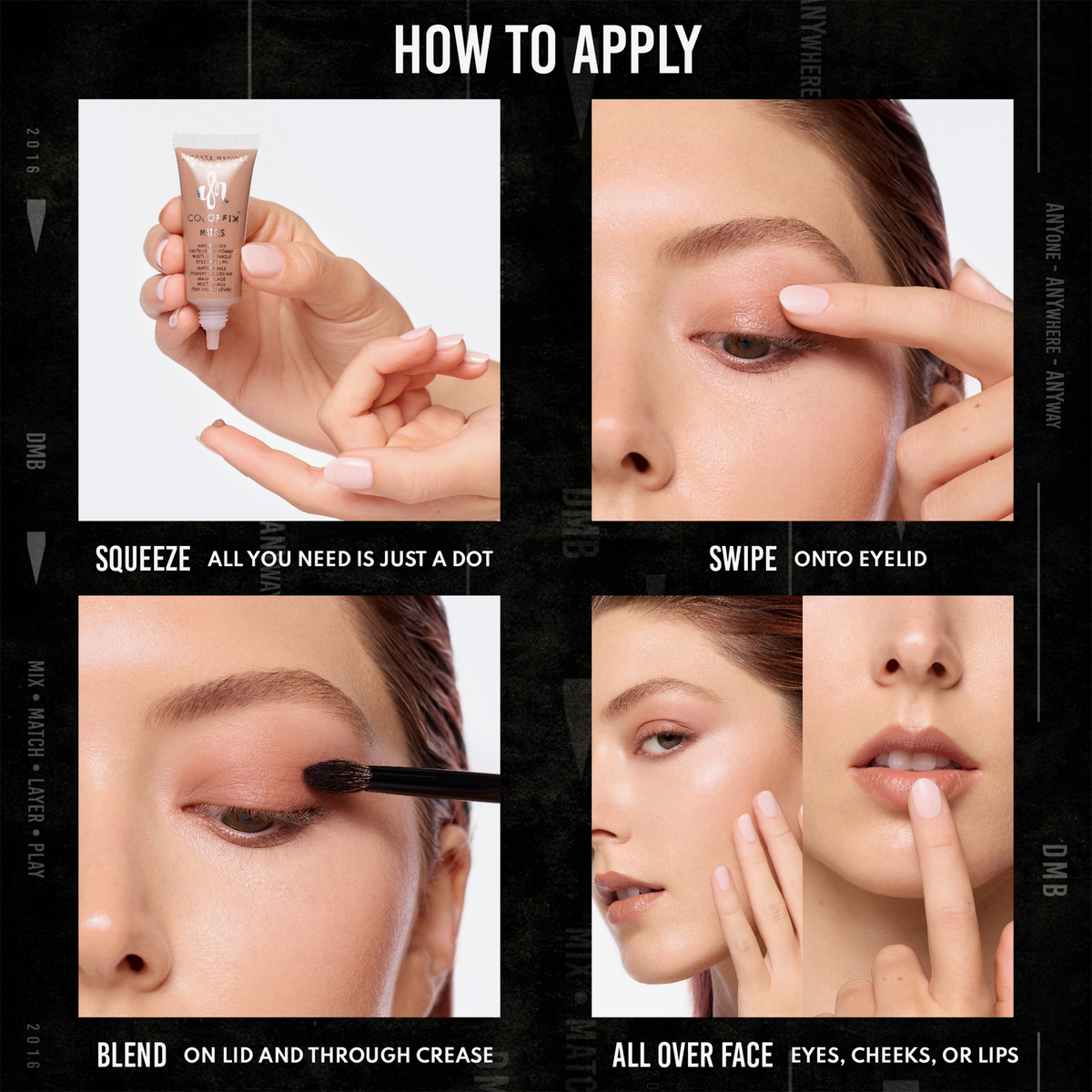 Anleitung zur Anwendung von Danessa Myricks Colorfix Liquid Metals: Produkt punktuell auftragen, aufs Lid wischen, verblenden und für Augen, Wangen oder Lippen nutzen.