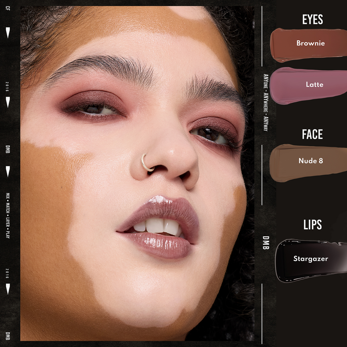 Eine Frau mit Vitiligo trägt Colorfix Mattes von Danessa Myricks Beauty; neben ihr sind die Make-up-Töne aufgeführt.