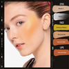 Eine Frau mit strahlender Haut trägt einen orange-gelben Make-up-Look mit Danessa Myricks Beauty Colorfix Pastels; Lidschatten, Gesichts- und Lippenfarben sind an der Seite beschriftet.