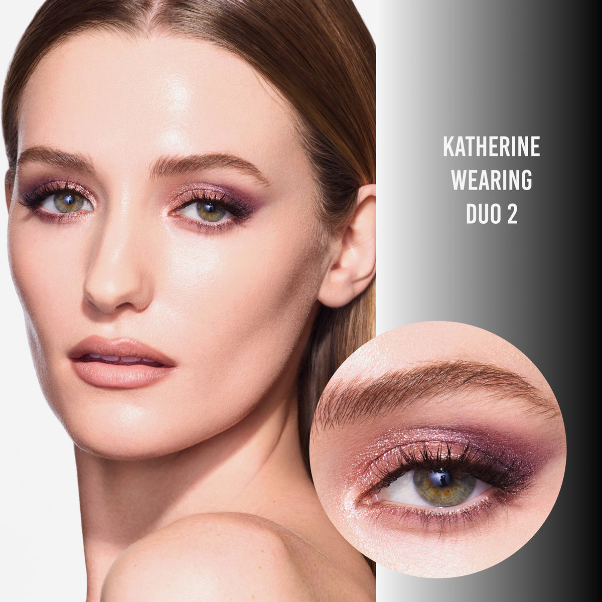 Katherine trägt Duo 2 von Danessa Myricks – ein schimmerndes Augen-Make-up in Rosé und Violett, Nahaufnahme des linken Auges inklusive.