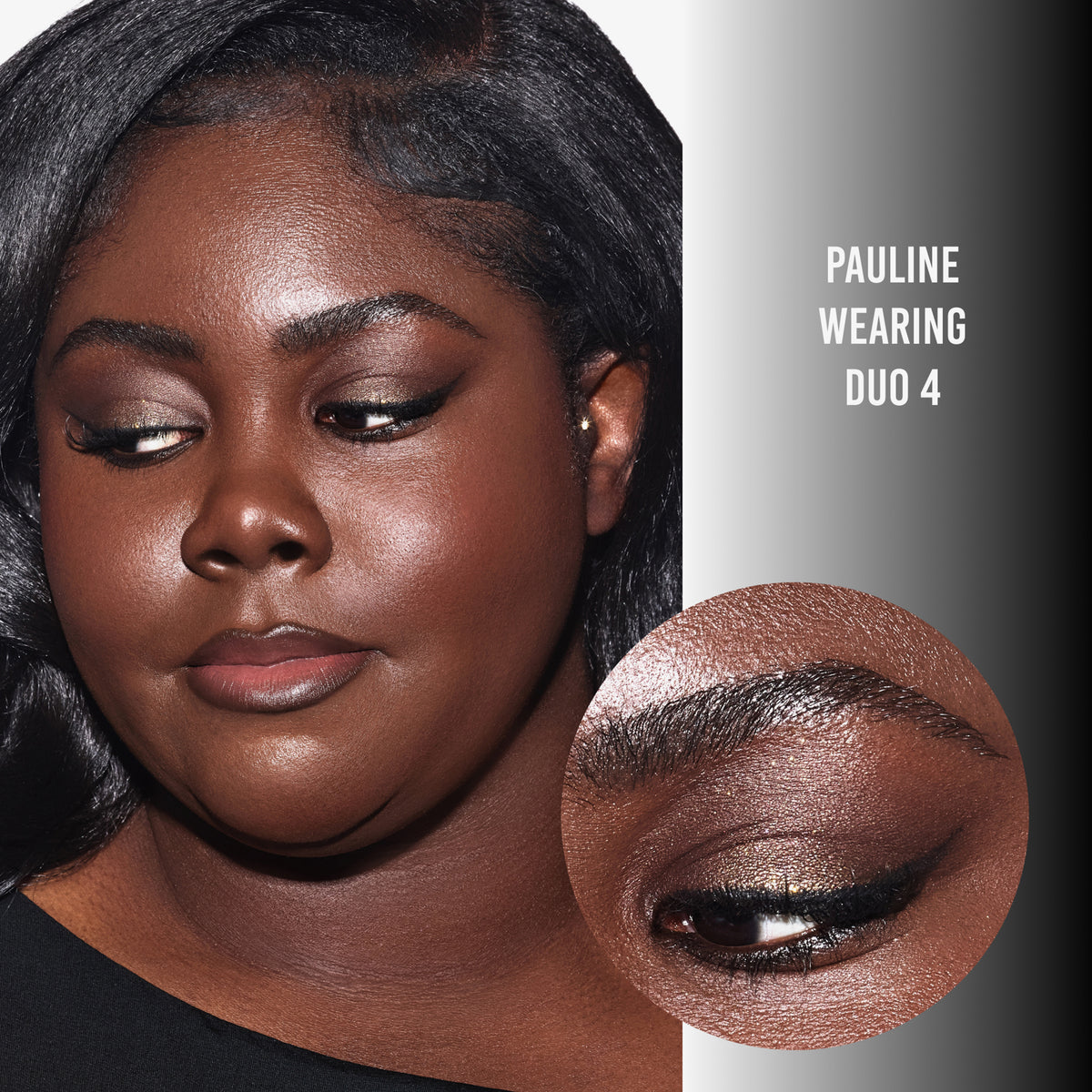 Pauline trägt Duo 4 mit einem schimmernden Augen-Make-up in dunklem Schokobraun und Gold – betont durch einen präzisen schwarzen Lidstrich.