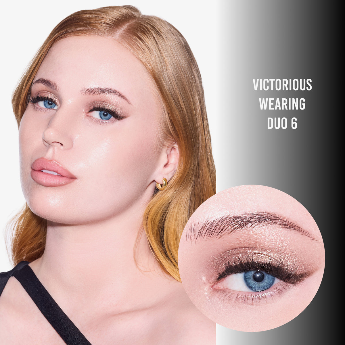 Frau mit hellem Teint und rötlichem Haar trägt Duo 6 auf den Augen. Nahaufnahme zeigt schimmernden Taupe-Gold-Look mit feinem Eyeliner.