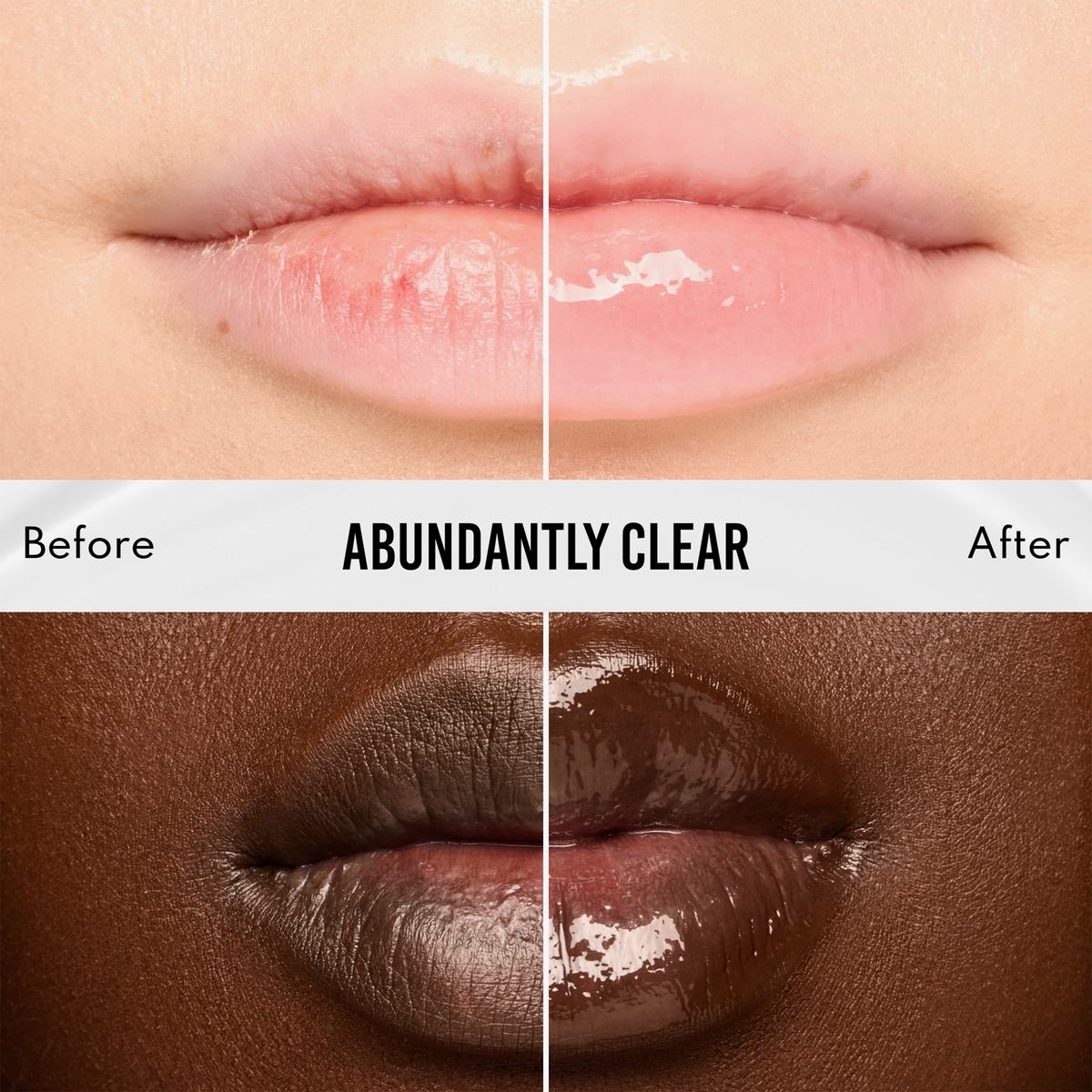 Vorher-Nachher-Vergleich: trockene Lippen vorher, glänzende, mit Feuchtigkeit versorgte Lippen nach der Anwendung von Danessa Myricks Beauty Glosswork 4D Ultra Shine Plumping Gloss.