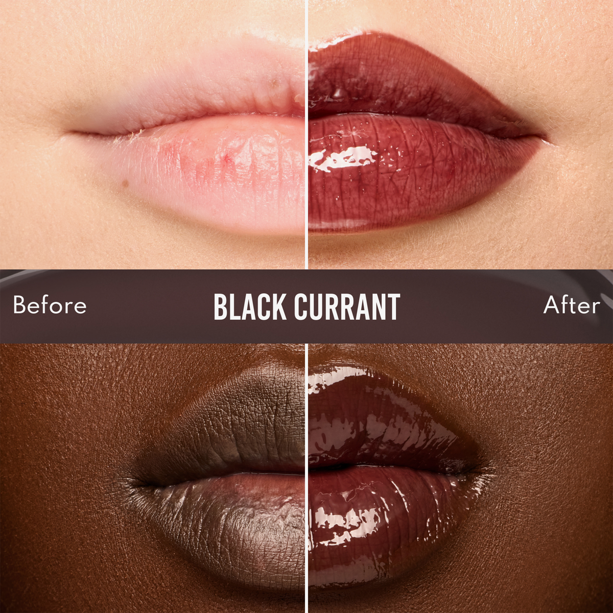 Doppelte Abbildung: Lippen vor und nach der Anwendung des „Danessa Myricks Beauty Glosswork 4D Ultra Shine Plumping Gloss“ auf heller und dunkler Haut; links ist das Ergebnis vor der Anwendung zu sehen.