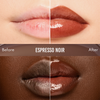 Das geteilte Bild zeigt die Lippen vor und nach der Anwendung des „Danessa Myricks Beauty Glosswork 4D Ultra Shine Plumping Gloss“ bei zwei verschiedenen Hauttönen.