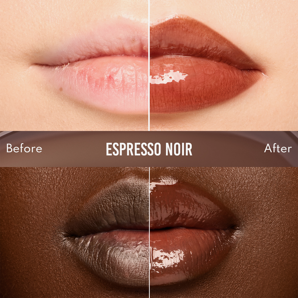 Das geteilte Bild zeigt die Lippen vor und nach der Anwendung des „Danessa Myricks Beauty Glosswork 4D Ultra Shine Plumping Gloss“ bei zwei verschiedenen Hauttönen.