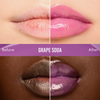 Das geteilte Bild zeigt die Lippen vor und nach der Anwendung des „Beauty Glosswork 4D Ultra Shine Plumping Gloss“ von Danessa Myricks in glänzendem Lila auf zwei verschiedenen Hauttönen.