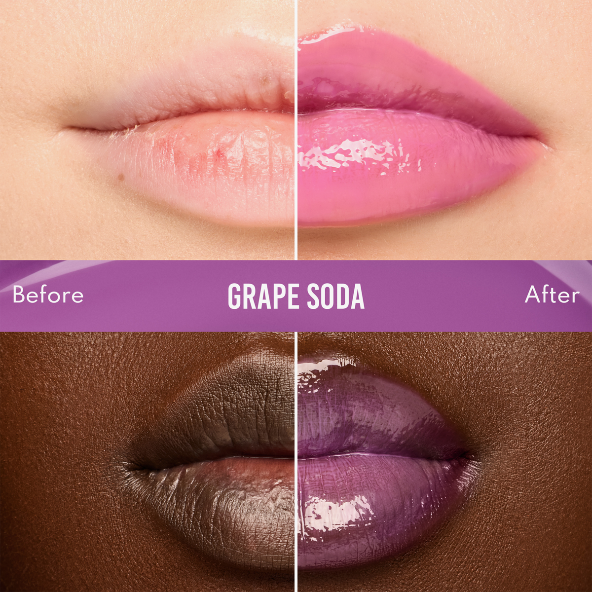 Das geteilte Bild zeigt die Lippen vor und nach der Anwendung des „Beauty Glosswork 4D Ultra Shine Plumping Gloss“ von Danessa Myricks in glänzendem Lila auf zwei verschiedenen Hauttönen.