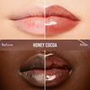 Ein Vergleichsbild des „Beauty Glosswork 4D Ultra Shine Plumping Gloss“ von Danessa Myricks vor und nach der Anwendung auf zwei verschiedenen Hauttönen mit glänzenderen Lippen.