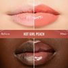 Vorher-Nachher-Nahaufnahmen der Lippen mit dem „Beauty Glosswork 4D Ultra Shine Plumping Gloss“ von Danessa Myricks in der Farbe „Hot Girl Peach“ auf heller und dunkler Haut.