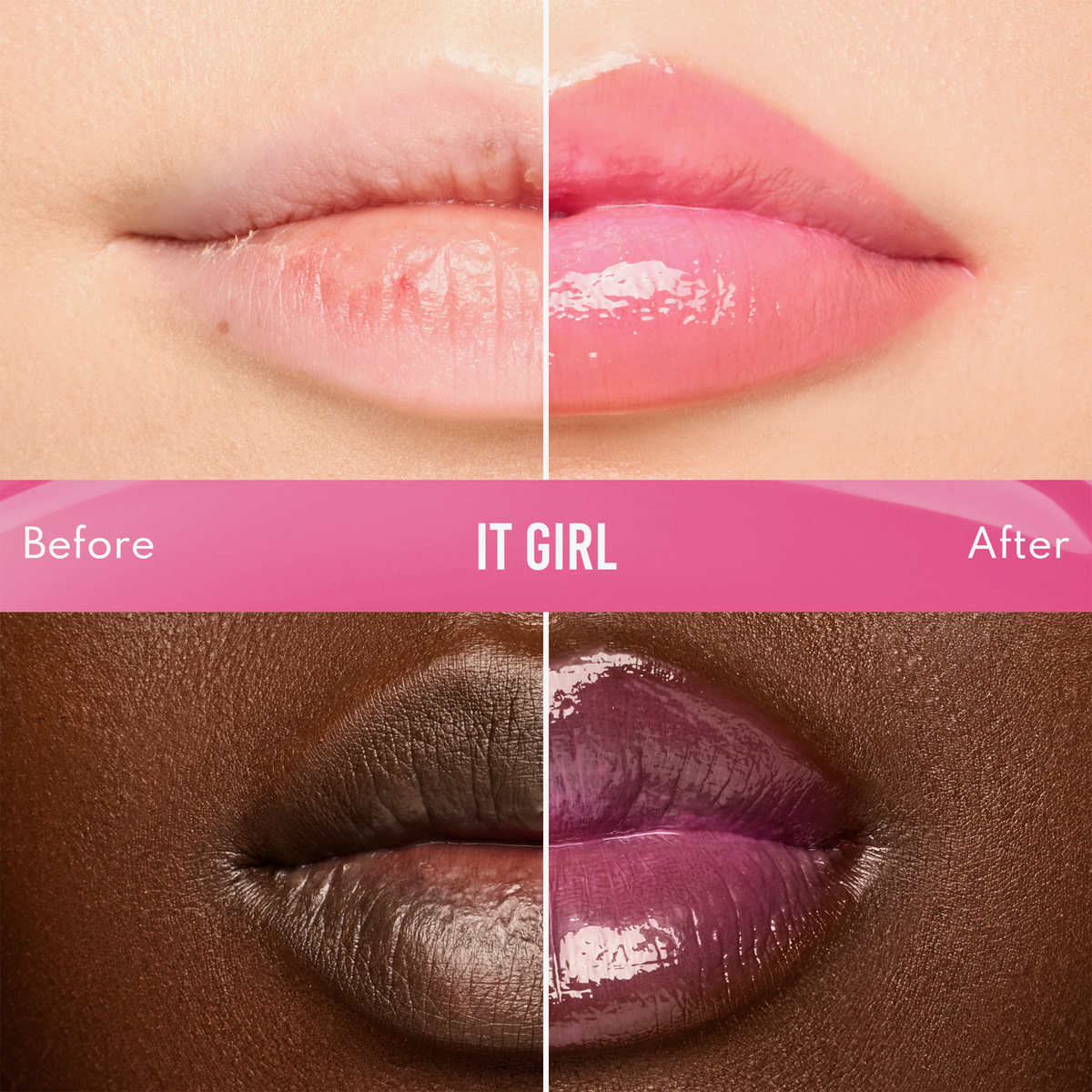 Das geteilte Bild zeigt die Lippen vor und nach dem Auftragen des „Danessa Myricks Beauty Glosswork 4D Ultra Shine Plumping Gloss“ auf zwei verschiedenen Hauttönen.