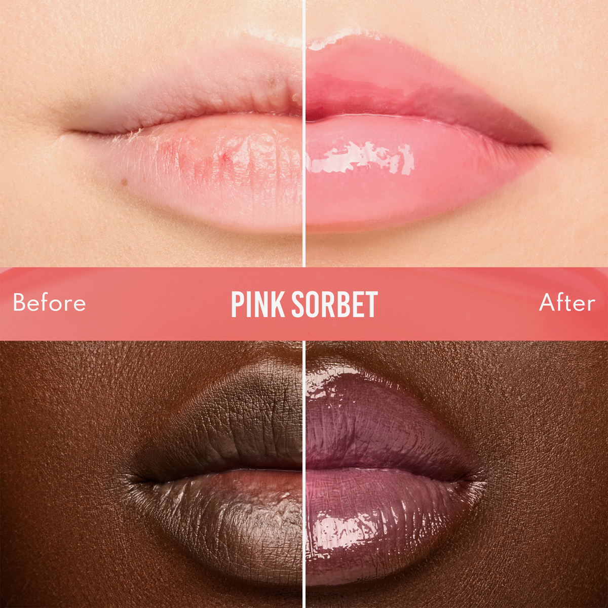 Zwei Lippenpaare vor und nach der Anwendung des „Glosswork 4D Ultra Shine Plumping Gloss“ von Danessa Myricks Beauty, wobei der Glanz besonders hervorgehoben wird.