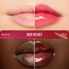 Zwei Lippen-Looks, jeweils mit einem „Vorher“- und einem glänzenden „Nachher“-Look in der Farbe „Red Velvet“, erzielt mit dem „Beauty Glosswork 4D Ultra Shine Plumping Gloss“ von Danessa Myricks.