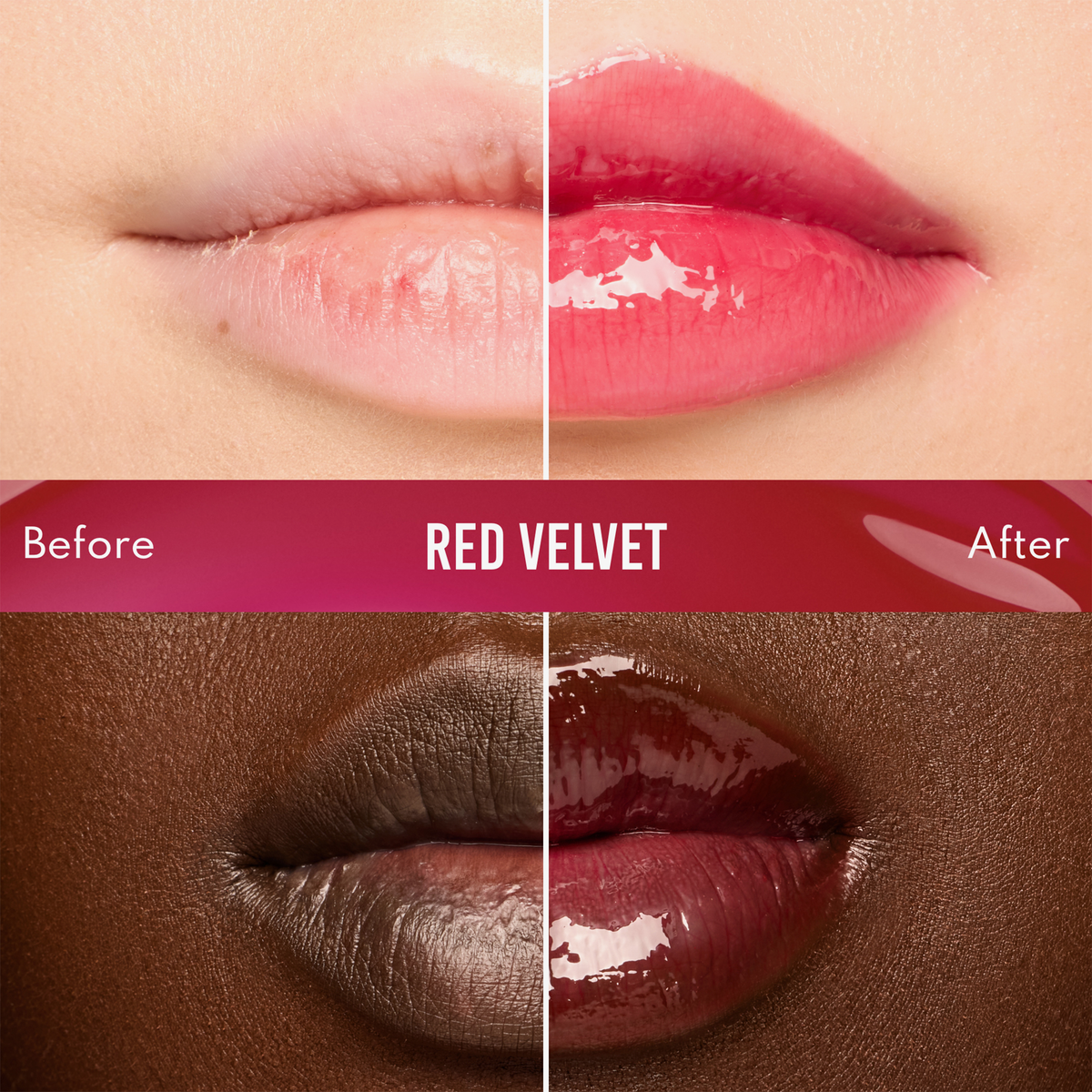 Zwei Lippen-Looks, jeweils mit einem „Vorher“- und einem glänzenden „Nachher“-Look in der Farbe „Red Velvet“, erzielt mit dem „Beauty Glosswork 4D Ultra Shine Plumping Gloss“ von Danessa Myricks.