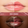 Geteilte Abbildung, die die Lippen vor und nach dem Auftragen des „Danessa Myricks Beauty Glosswork 4D Ultra Shine Plumping Gloss“ auf zwei verschiedenen Hauttönen zeigt.