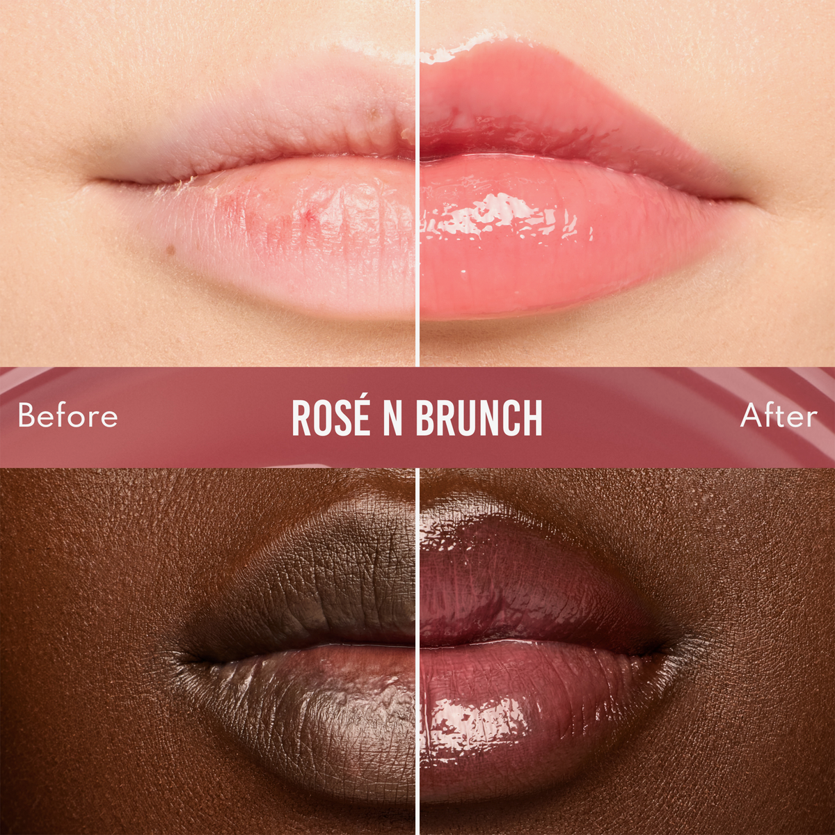 Geteilte Abbildung, die die Lippen vor und nach dem Auftragen des „Danessa Myricks Beauty Glosswork 4D Ultra Shine Plumping Gloss“ auf zwei verschiedenen Hauttönen zeigt.