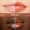 Bildvergleich: Lippen vor und nach der Anwendung des „Glosswork 4D Ultra Shine Plumping Gloss“ von Danessa Myricks Beauty auf heller und dunkler Haut.