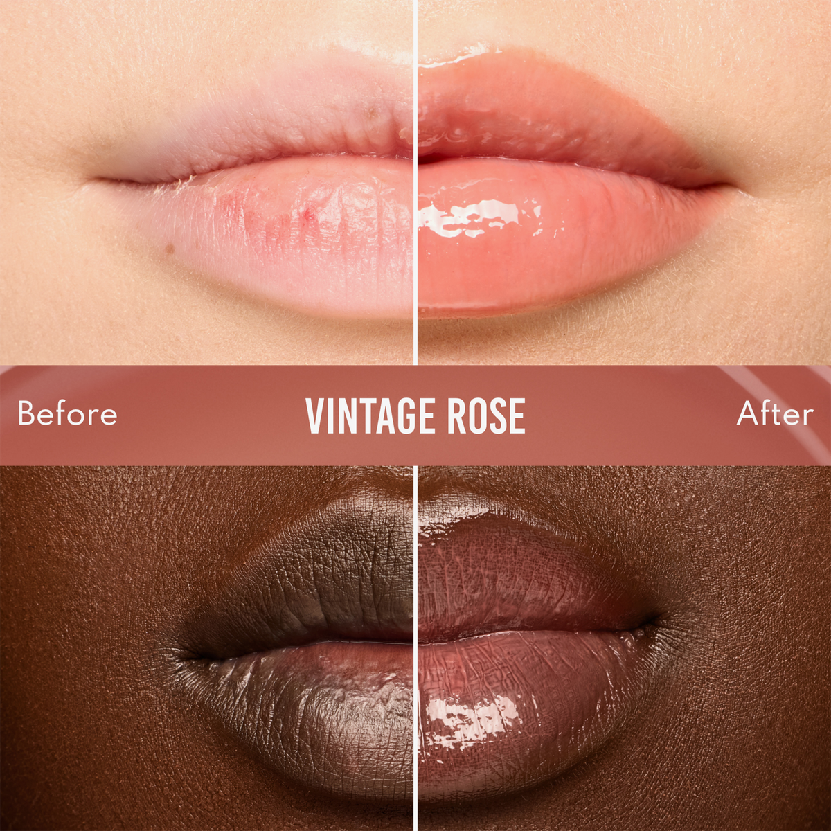 Vorher-Nachher-Vergleich der Lippen mit dem „Beauty Glosswork 4D Ultra Shine Plumping Gloss“ von Danessa Myricks auf heller und dunkler Haut.