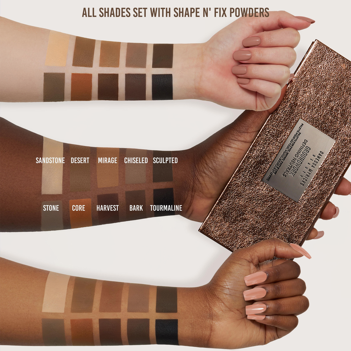 Drei Arme mit unterschiedlichen Hauttönen zeigen Swatches von zehn neutralen Farbtönen aus der Danessa Myricks Beauty Groundwork Palette - Defining Neutrals neben der Bronze-Palette.