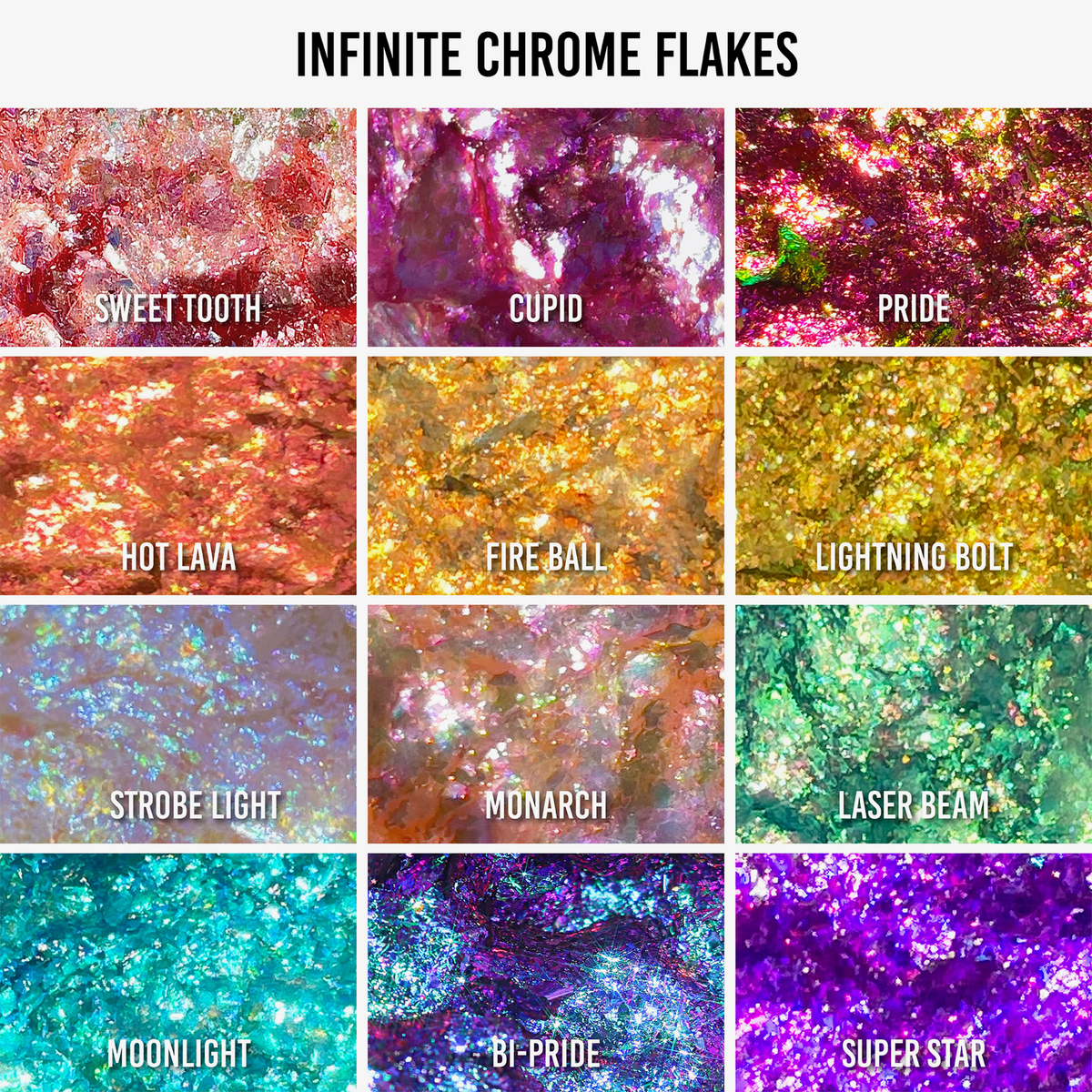 12 Nahaufnahmen der Infinite Chrome Flakes Glitzerfarben von Danessa Myricks Beauty.