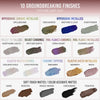 Tabelle mit 18 Lidschattenoberflächen mit Farbproben und Namen - wie Metallic, Samt und Matt - aus der Danessa Myricks Beauty Lightwork Palette VII Freedom Palette.