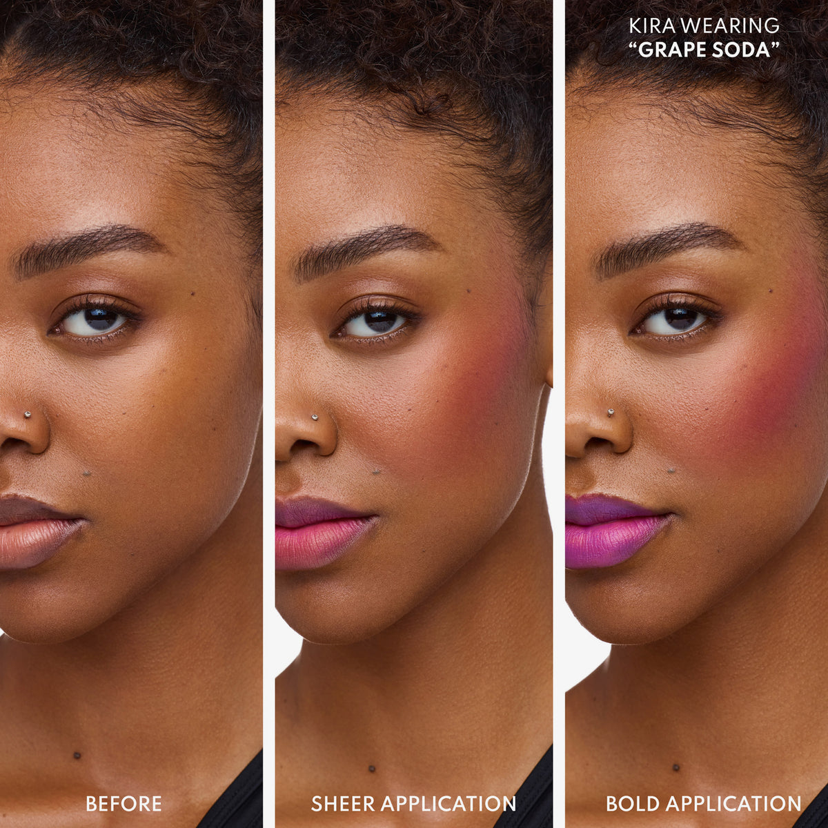 Drei Porträts derselben Frau: ohne Make-up, mit leichtem und mit intensivem Yummy Skin Blurring Balm Powder Flushed in Beerenton „Grape Soda“.