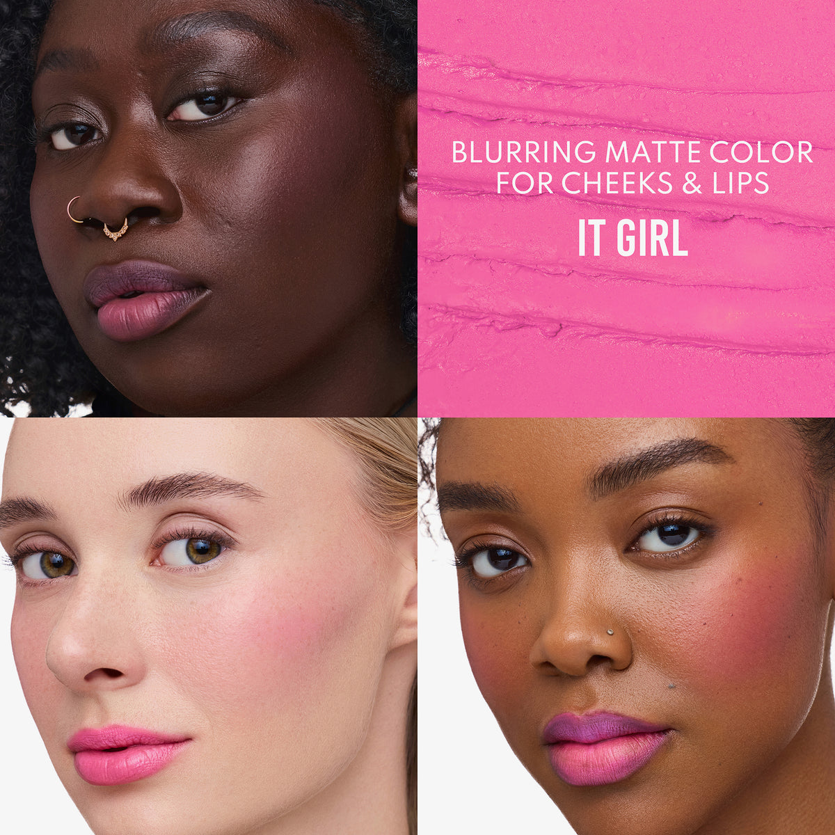 Drei Frauen unterschiedlicher Hautfarbe tragen den pinken Farbton "It Girl" aus dem Yummy Skin Flushed Essentials Blush & Lip Kit von Danessa Myricks Beauty.