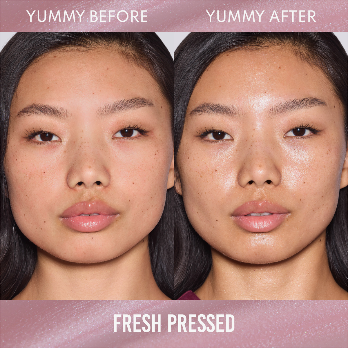 Gegenüberstellung des Gesichts einer Frau vor und nach der Anwendung des Danessa Myricks Beauty Yummy Skin Glow Serum Fresh Pressed, mit glatterer, strahlenderer Haut nach der Anwendung.